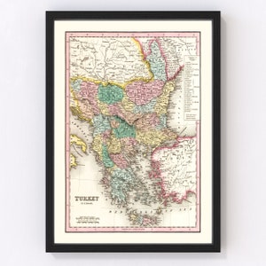 May include: A vintage map of Turkey in Europe, printed in color with detailed borders and names of regions. The map is framed in black and has a title "TURKEY IN EUROPE".