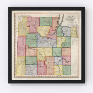May include: An antique map of Steuben County, New York, printed in black, red, green, blue, and yellow. The map shows the county's townships and roads. The title "MAP of STEUBEN COUNTY" is printed at the top of the map.