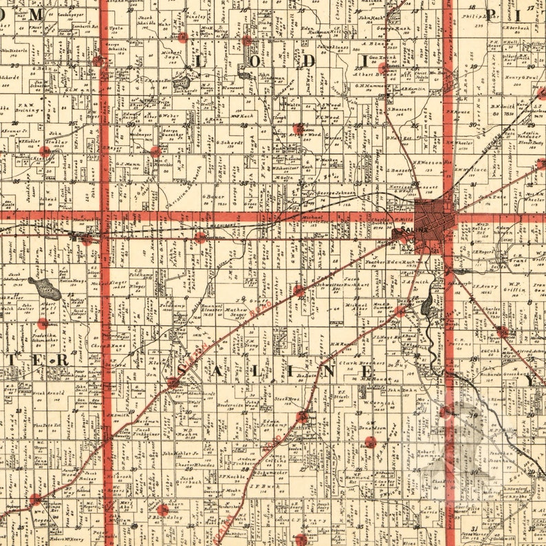 Washtenaw County Michigan Vintage Map From 1896 Old County Etsy