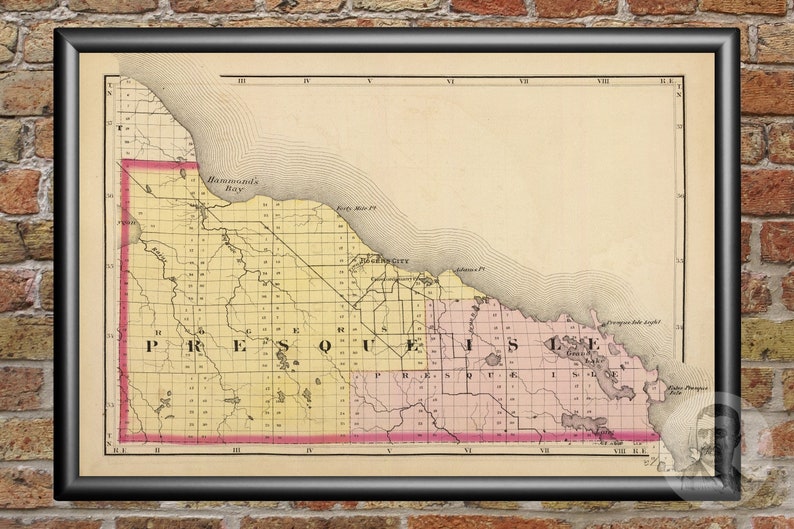Vintage Presque Isle County MI Map 1873 Old Michigan Map Etsy