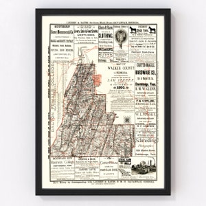 Walker County Map 1893, Vintage Walker County Map, Old Walker County Georgia Art, Wall Art Gift for Walker County History Lovers Retro Decor