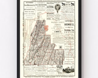 Walker County Map 1893, Vintage Walker County Map, Old Walker County Georgia Art, Wall Art Gift for Walker County History Lovers Retro Decor