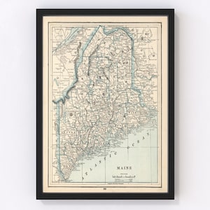 May include: A vintage map of Maine, showing the state's counties and major cities. The map is printed in black and white with blue and green accents. The map is titled "Maine" and includes a scale bar and compass rose.