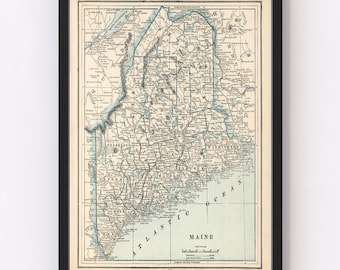 Maine Map 1893 - Old Map of Maine Art Vintage Print Framed Wall Art Canvas Portrait ME History Genealogy Farmhouse Décor