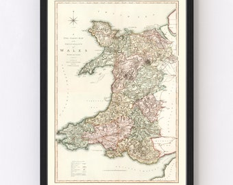 Wales Map 1809 - Old Map of Wales Art Print Framed Wall Art Vintage Canvas Portrait History Ancestry Genealogy Travel