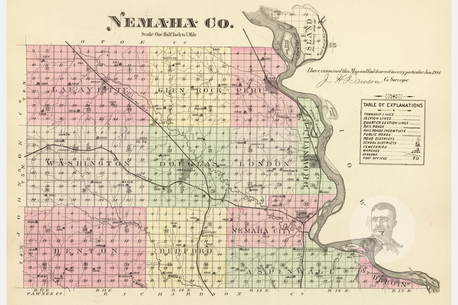 Vintage Nemaha County NE Map 1885 Old Nebraska Map Etsy