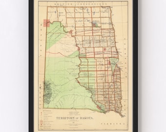 South Dakota, North Dakota Map 1876 - Old Map of South Dakota, North Dakota Art Vintage Print Framed Wall Art Canvas Portrait SD,