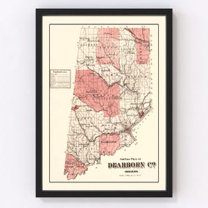 Dearborn County Map 1875, Vintage Dearborn County Map, Old Dearborn County Indiana Art, Wall Art Gift for Dearborn County History Lovers Ret