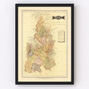 Puebla Mexico Map 1886, Vintage Puebla Mexico Map, Old Puebla Mexico Art, Wall Art Gift for Puebla Mexico History Lovers Retro Decor