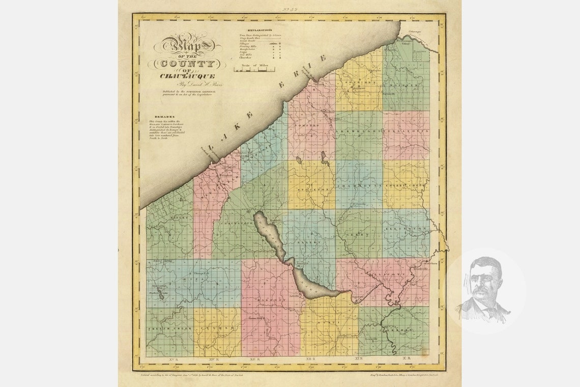 Vintage Chautauqua County NY Map 1829 Old New York Map Etsy