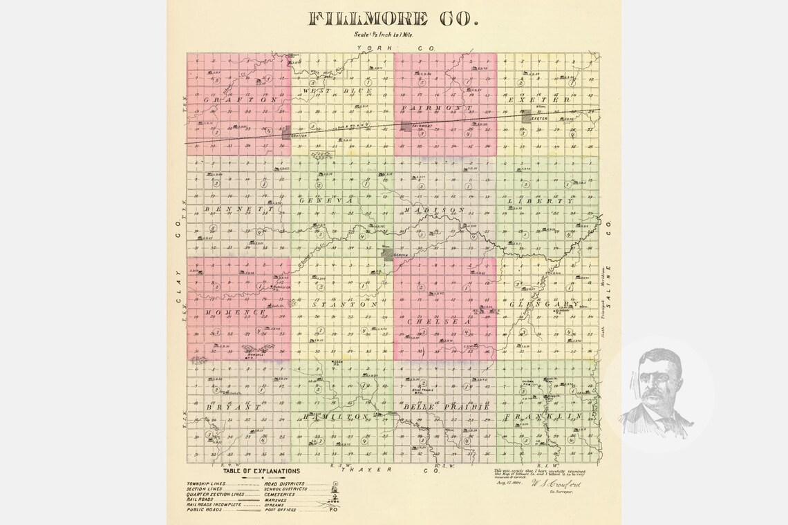 Vintage Fillmore County NE Map 1885 Old Nebraska Map Etsy