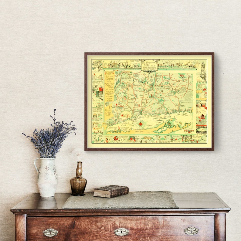 Connecticut Map 1926, Vintage Connecticut Map, Old Connecticut Art, Wall Art Gift for Connecticut History Lovers Retro Decor image 2