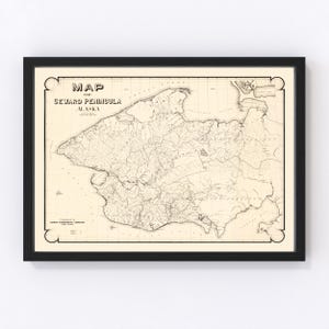 May include: A vintage map of the Seward Peninsula in Alaska. The map is printed in black and white on a cream-colored background. The map shows the coastline, rivers, and mountains of the peninsula. The title "MAP OF SEWARD PENINSULA ALASKA" is printed at the top of the map.