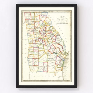 Georgia Map 1836, Vintage Georgia Map, Old Georgia Art, Wall Art Gift for Georgia History Lovers Retro Decor