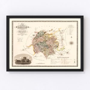 Hereford England Map 1831, Vintage Hereford England Map, Old Hereford England Art, Wall Art Gift for Hereford England History Lovers Retro D