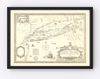 Long Island Map 1925 - Old Map of Long Island New York Art Vintage Print Framed Canvas Portrait History Genealogy Farmhouse Décor