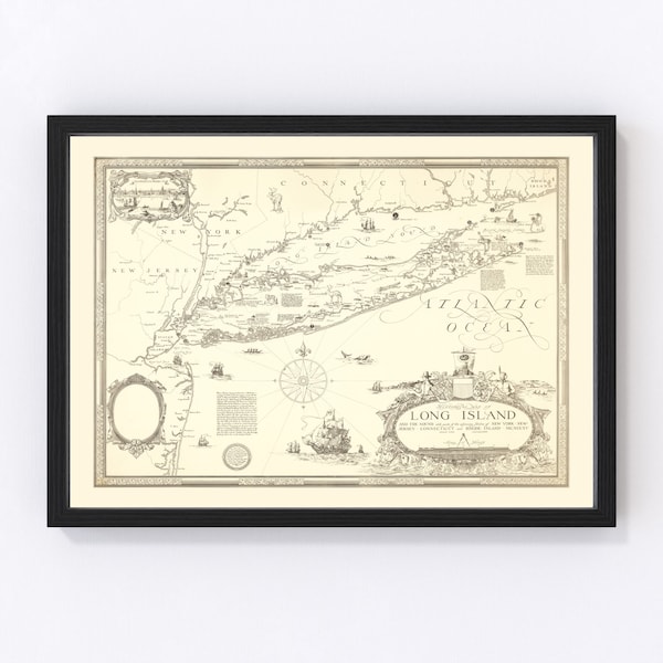 Long Island Map 1925 - Old Map of Long Island New York Art Vintage Print Framed Canvas Portrait History Genealogy Farmhouse Décor