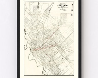 Dallas Map 1901 - Old Map of Dallas Texas Art Vintage Print Framed Canvas Portrait History Genealogy Farmhouse Décor