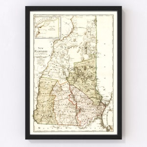 New Hampshire Map 1796 - Old Map of New Hampshire Art Vintage Print Framed Wall Art Canvas Portrait NH History Genealogy Farmhouse Décor