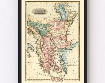 May include: An antique map of Turkey in Europe, printed in black, brown, green, pink, and blue ink on cream paper. The map shows the various provinces of Turkey in Europe, including Rumelia, Bulgaria, Wallachia, Moldavia, Bessarabia, and Greece. The map is framed in a black frame.