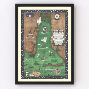 Mobile Bay Map 1937 - Old Map of Mobile Bay Art Vintage Print Framed Wall Art Canvas Portrait History Travel