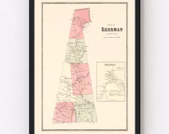 Sherman Map 1867, Vintage Sherman Map, Old Sherman Connecticut Art, Wall Art Gift for Sherman History Lovers Retro Decor