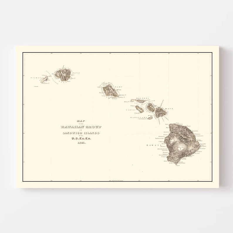 Hawaii Map 1845 - Old Map of Hawaii Art Vintage Print Framed Wall Art Canvas Portrait HI History Genealogy Farmhouse Décor immagine 3