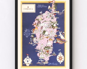 Pode incluir: Um mapa ilustrado vintage da Córsega, uma ilha francesa no Mar Mediterrâneo. O mapa está em um esquema de cores rosa e azul e apresenta várias ilustrações de marcos, pessoas e animais. O texto "CORSICA" está impresso em uma caixa amarela na parte superior do mapa.