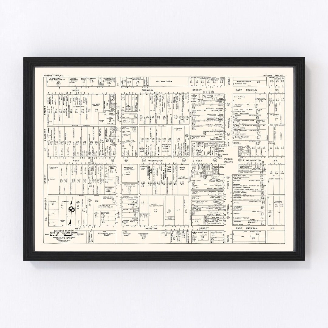 Hagerstown Map 1947 Old Map of Hagerstown Business Section Maryland Art