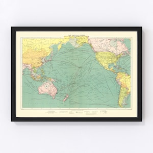 Pacific Ocean Map 1922, Vintage Pacific Ocean Map, Old Pacific Ocean Art, Wall Art Gift for Pacific Ocean History Lovers Retro Decor