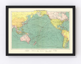 Pacific Ocean Map 1922 - Old Map of Pacific Ocean Art Vintage Print Framed Wall Art Canvas Portrait History Travel