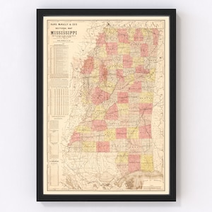 Mississippi Map 1892 - Old Map of Mississippi Art Vintage Print Framed Wall Art Canvas Portrait MS History Genealogy Farmhouse Décor