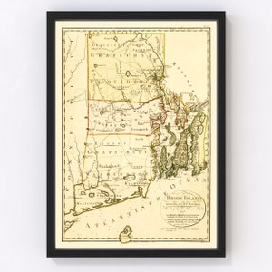 May include: An antique map of Rhode Island, printed in 1799 by I.F.  Schumacker. The map shows the state's counties and towns, including Providence, Newport, and Bristol. The map is printed in black, brown, green, and yellow ink on a cream-colored background.