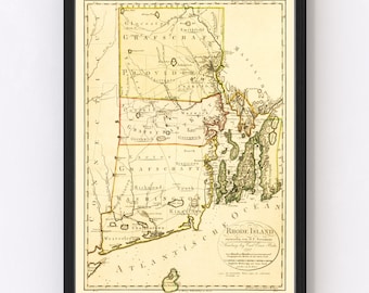 Rhode Island Map 1797 - Old Map of Rhode Island Art Vintage Print Framed Wall Art Canvas Portrait RI History Genealogy Farmhouse Décor
