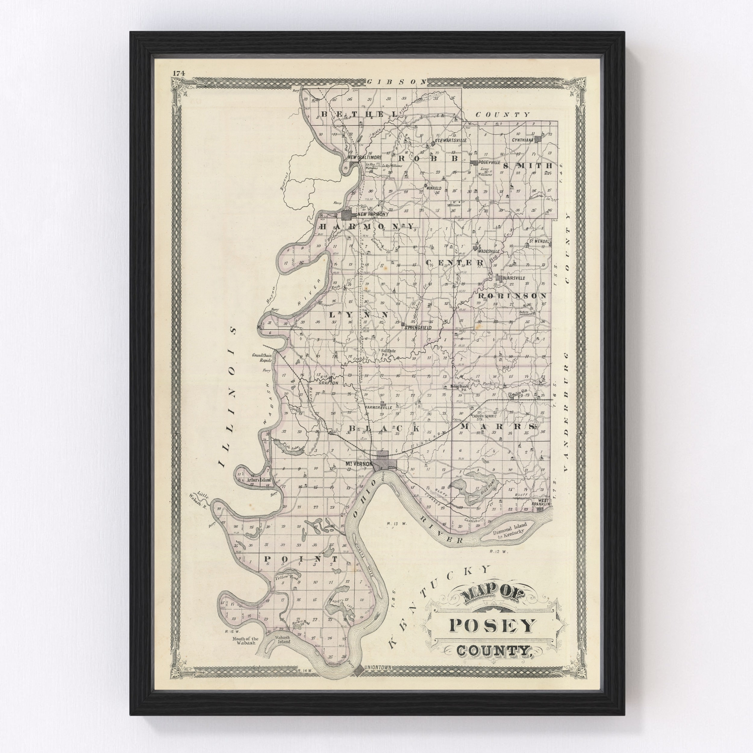 Posey County Map 1876, Vintage Posey County Map, Old Posey County ...