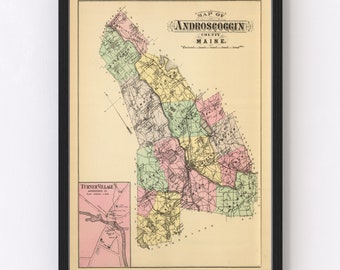 Turner Map 1894, Vintage Turner Map, Old Turner Maine Art, Wall Art Gift for Turner History Lovers Retro Decor