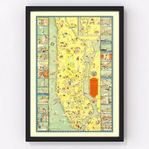 May include: A vintage illustrated map of Manhattan, New York City, with a yellow background and blue borders. The map shows various landmarks and points of interest, including the Empire State Building, Central Park, and Times Square. The map is surrounded by a black frame.