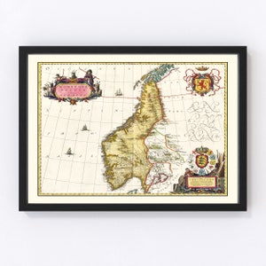 Norway Map Art - Vintage Print from 1665 - Old Norway Art - Framed or Canvas