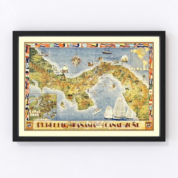 Panama Map Art - Vintage Print from 1939 - Old Panama Art - Framed or Canvas