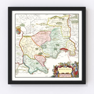 May include: An antique map of Middle-Sexia, a region in England, with detailed borders and markings. The map is framed in black and features a decorative cartouche with a woman holding a scroll.