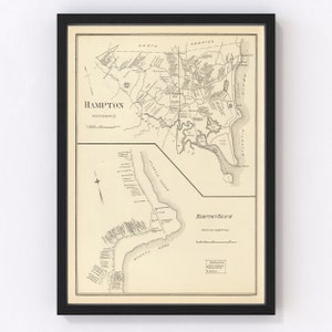 May include: A vintage map of Hampton, Virginia, showing the town and surrounding areas. The map is printed in black and white on a cream-colored background. The map includes a key and a scale.