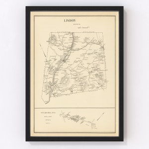 May include: A vintage map of Lisbon, Grafton County, New Hampshire. The map shows the town's roads, rivers, and landmarks. The map is printed in black and white on a cream-colored paper.