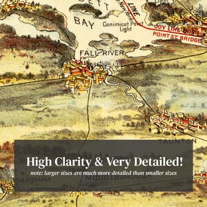 May include: A vintage map of the Fall River, Massachusetts area. The map is hand-drawn and features a detailed illustration of the city and surrounding towns. The map is labeled with the names of various locations, including Fall River, Taunton, Wareham, and Middleborough. The map also includes a key that explains the different symbols used on the map.