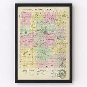 Franklin County Map 1887, Vintage Franklin County Map, Old Franklin County Kansas Art, Wall Art Gift for Franklin County History Lovers Retr