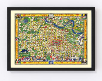 May include: A vintage map of the University of Michigan campus in Ann Arbor, Michigan. The map is illustrated with small drawings of buildings, people, and activities. The text "Down in Ann Arbor Town" and "University of Michigan" are printed on the map.
