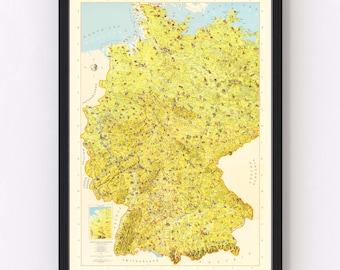 May include: A vintage map of Germany with a yellow background and detailed illustrations of cities, towns, and geographical features. The map is framed in black and includes labels for surrounding countries like France, Switzerland, Austria, Czechoslovakia, and Denmark.