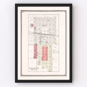 May include: An antique map of Tremont, Ohio, from 1887. The map is printed in black and white with red and yellow highlights. The map shows the streets and blocks of the city. The map is framed in a black frame.