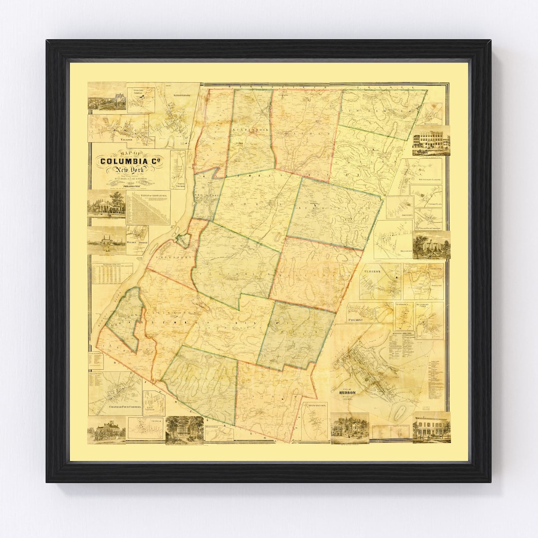 Columbia County New York Map 1858 Old Map of Columbia County New York Art Vintage Print Framed
