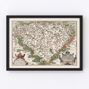 May include: An antique map of Bohemia, a region in Central Europe, with a detailed depiction of cities, towns, and rivers. The map is framed in black and features a coat of arms in the lower left corner.