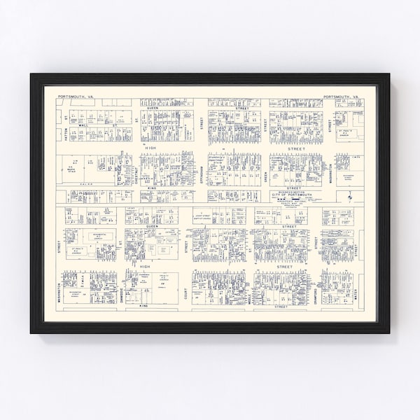 Portsmouth Map 1950 - Old Map of Portsmouth Business Section Virginia Art Vintage Print Framed Canvas Portrait History Genealogy Farmhouse